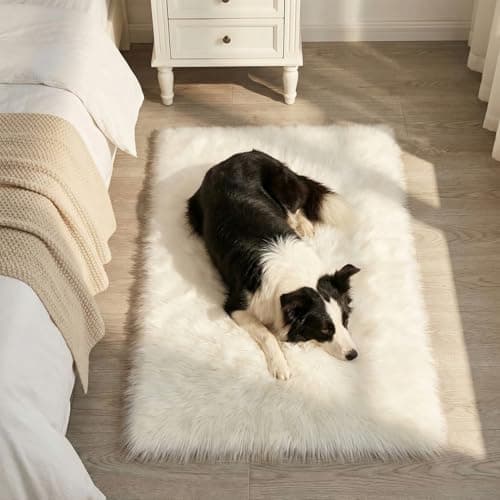 Image of Mishukaze Plush Faux Sheepskin Rug-Ultra Soft Fluffy Bedside Carpet,Machine Washable Anti Slip Floor Mat,Silky Shag Area Rug for Bedroom,Living Room & Kids Room Decor（White 60x90）