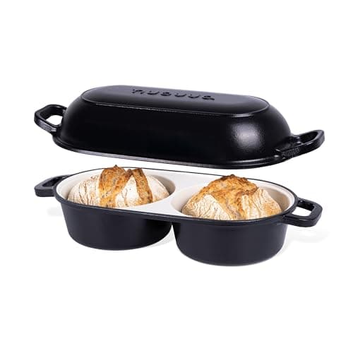 Image of Dutch Oven for Sourdough Bread Baking – Enamelled Cast Iron Bread Loaf Pot – 500°F Oven Safe Non Stick Bread Pot – Double Round Loaf Space, 16.5cm Diameter, Black, – by Nuovva