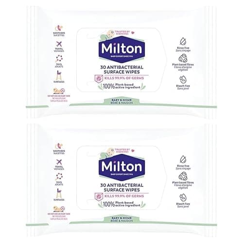 Image of 2 x Milton Antibacterial Surface Wipes 60 Pcs – Plant-Based Cleaning Wipes for Baby Products & Home, Suitable for Toys, Phones, Highchairs & Surfaces, Rinse-Free, Bleach-Free Household Cleaning
