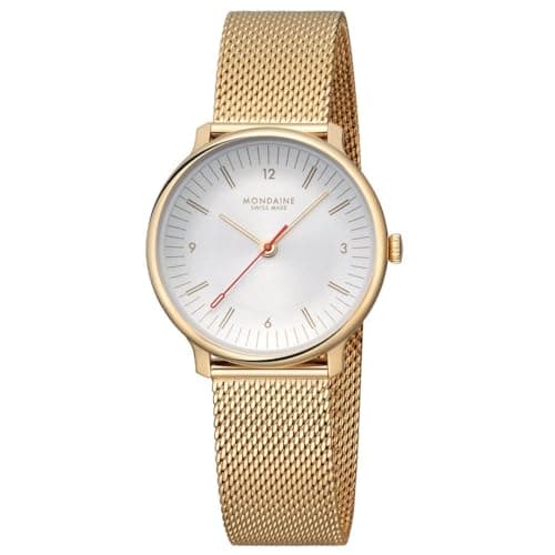 Image of Mondaine Doppio 33mm Swiss Quartz Watch for Men & Women, Vintage Design, Sapphire Crystal with Stainless Steel Gold IP Mesh Strap, 5 ATM Water-Resistant