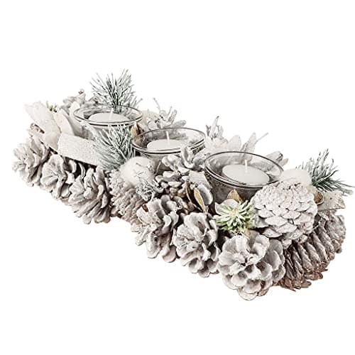 Image of White Frosted Pine Cone Christmas Dining Table Tea Light Holder Candle Holder Jar