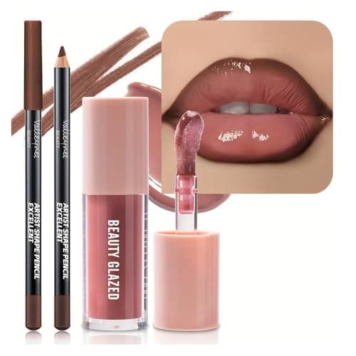 Image of Lip Gloss and Lip Liner Set, Tinted Lip Gloss with Lip Pencil, Waterproof Long Lasting Glossy Lip Combo, Nude Lip Makeup Kit for Women (#V10+104)