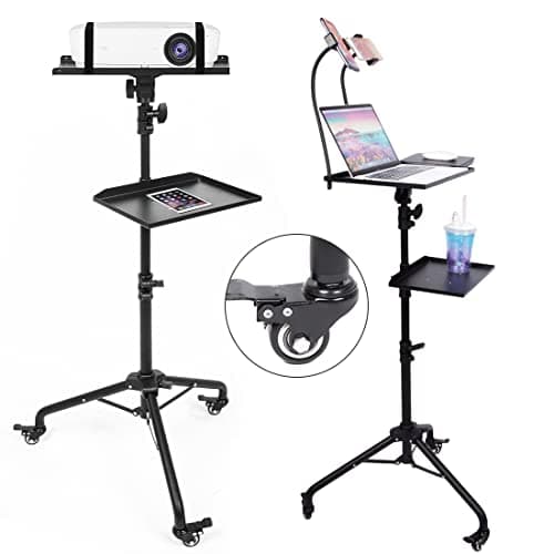 Image of BOLLUMA Projector Tripod Stand, Laptop Floor Stand with 3 Swivel Castors and Trays, Adjustable Height 81-130cm with Phone Holder, for Laptop, Projector, DJ Divices, Home, Stage, Studio and Movies
