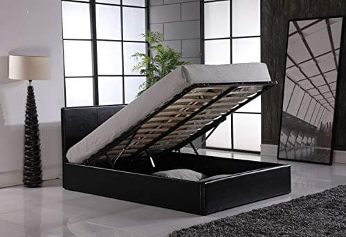 Image of MODERNIQUE Bilancio Ottoman Storage BLACK Faux_Leather King Sized (5FT) Bounce Sprung Slats Base, Gas Lift up End Up Fabric Covered Floor Massive Storage Bed