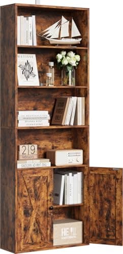 Image of IRONCK Bookcase 6-Tier, Bookshelf with Doors, 180cm Tall Living Room Bookcases, Display Shelf Storage, Freestanding Book Shelf Unit for Home Office, Dinning Room, 60x23.5x180cm (Retro Brown)