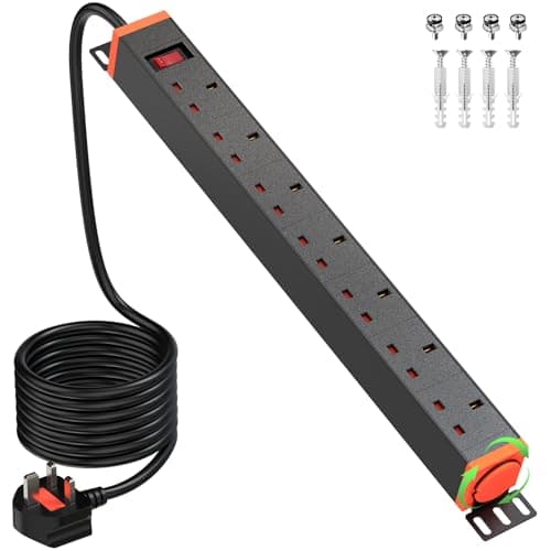 Image of 7 Way Extension Lead Power Strip with Surge Protector, PDU Extension Lead 19 inch - 13A Multi Plug Switched Power Distribution Unit (PDU) Rack Mount Power Strip with Metal Housing, 1.8M Cable, Black