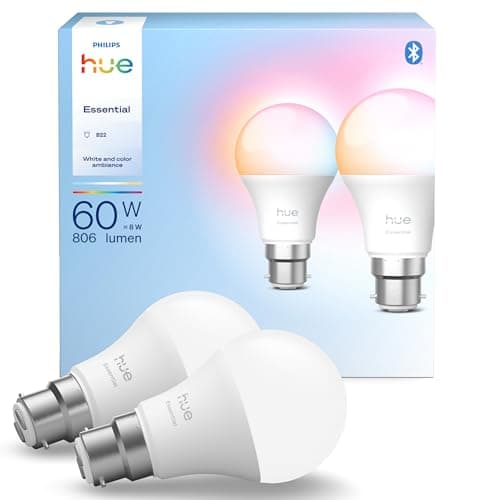 Image of Philips Hue Essential LED A60 Smart Bulbs, White and Colour Ambiance, B22 Base, 8W, 2200K-6500K, 806 LM, Dimmable Hue LED Bulbs, Smart Lighting Works with Alexa, Google Assistant, Apple Home, 2 Pack