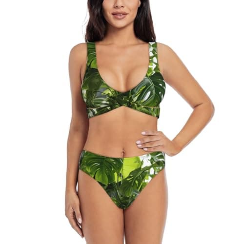 Image of Monstera Deliciosa Banana Palm Print Women's Bikini Matching Swimwear Quick-Dry for Beach Pool Resort Vacation Lounging Black