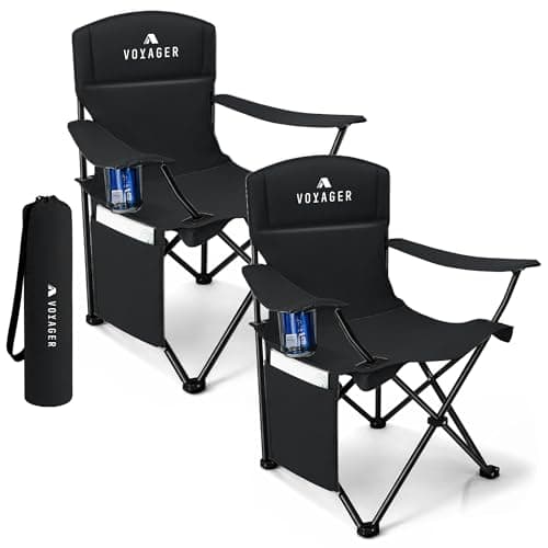 Image of Voyager Folding Camping Chair 2-Pack, Lightweight with Pocket and Drinks Holder, Holds up to 120kg Each, Easy to Transport, Foldable Outdoor Chair Set -Black