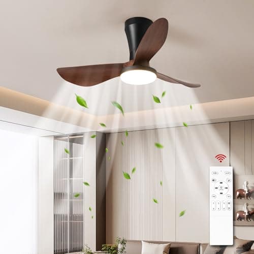Image of Hudi Fyier Ceiling Fan with Light and Remote,32 Inch Black Walnut Flush Mount Low Profile Ceiling Fan, Dimmable Noiseless Reversible DC Motor Fan for Dinning Room Bedroom Living Room Basement Kitchen