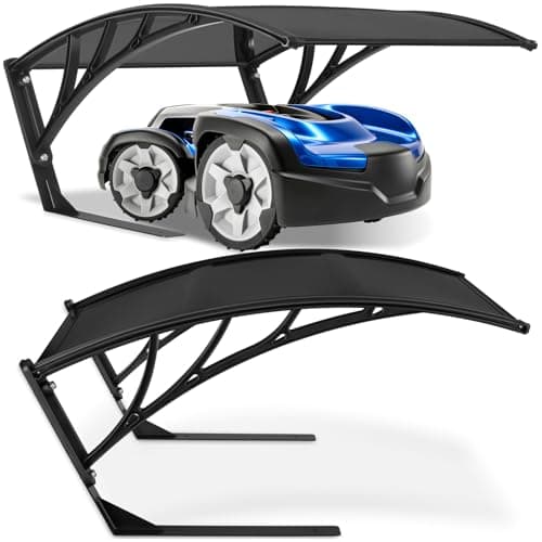 Image of tectake® Robot Lawnmower Garage, 81 x 100 x 48 cm, Weather-Resistant Robot Mower Garage with UV-Protected Polycarbonate Panels, Steel Frame & Curved Roof, Garden Lawnmower Storage - Black