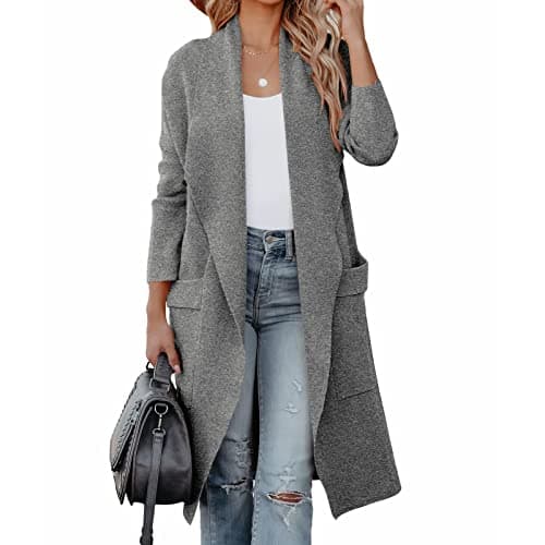 Image of kinstell Women's Casual Long Sleeve Open Front Knit Draped Long Cardigan Jackets Sweater Coat Blazer with Pockets Grey