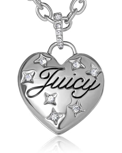 Image of Juicy Couture Puffy Heart Necklace for Women 18"+2", Fashion Constellation Heart Necklace with Clear Stones and Logo
