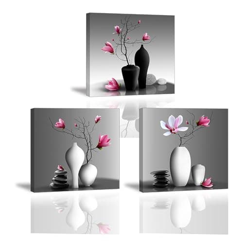 Image of Piy Painting 3 Piece Orchid Print on Canvas Elegant Tree in Flower Vase Modern Design Home Decoration Wooden Wall Art Ready to Hang for Bedroom, Hotel, Room, as Birthday Gift 12x12inch