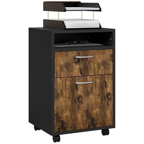 Image of HOMCOM Filing Cabinet, Mobile File Cabinet with 2 Lockable Drawers, Office Home Organiser on Wheels for A4, Letter-Size File Folders, Mobile Printer with Open Shelf, Rustic Brown