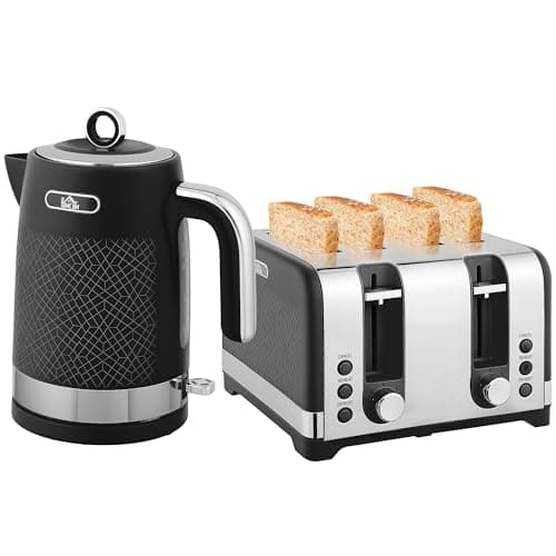 Image of HOMCOM Kettle and Toaster Set, 1.7L 3000W Rapid Boil Jug Kettle with Otter Thermostat, Limescale Filter, 4 Slice Toaster with 7 Browning Controls, Crumb Tray, Black