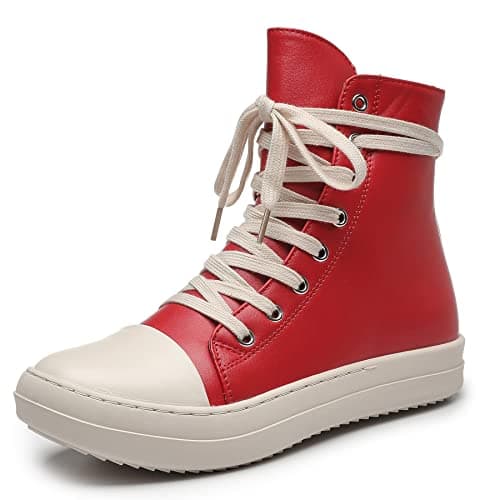 Image of MOFEEDOUKA Womens High Top Sneakers Lace Up Comfort Platform Walking Canvas Shoes with Zipper, Red Pu, 5