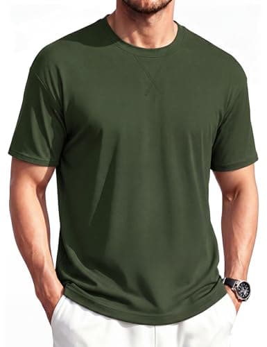 Image of TACVASEN T Shirt for Men UK Cotton Regular-Fit Short-Sleeve Crewneck T-Shirt Casual Plain Drop Shoulder Tee Soft Comfort Army Green L