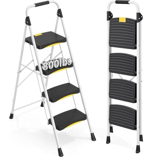 Image of Urackify Step Ladder, 4 Steps, Folding Steel Step Stool with Safety Lock & Handrail, Anti-Slip Wide Pedals, 150 kg Load Capacity, Portable Ladder for Kitchen, Office, Home