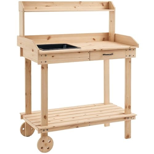 Image of Outsunny Garden Potting Bench Table, Wooden Work Station, Outdoor Planting Workbench with 2 Wheels, Sink, Drawer & Large Storage Spaces, 92x45x119cm