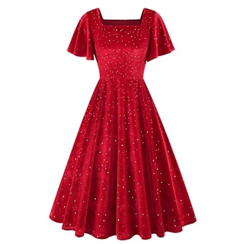 Image of Women Vintage Square Neck Velvet Stretchy Long Dress 80s Fancy Dress Pleated Swing Party Dresses Short Sleeve Sequin Dress Ladies Elegant Wedding Guest Gown Red