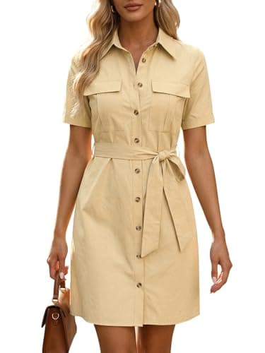 Image of Allegra K Women's Safari Dresses Summer Cotton Short Sleeve Belted Button Down Shirtdress Khaki L-16