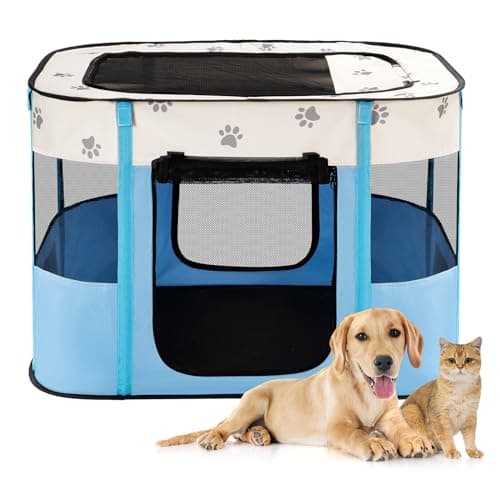 Image of Avont Portable Dog Cat Playpen, Foldable Pop Up Pet Play Pen Travel Crate with Floor and Mesh Door Top for Indoor Outdoor Collapsible Tent Cage -S, Blue