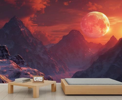 Image of Mountain Landscape Wallpaper Sky Bedroom Wallpaper Red Moon/Sun Wall Murals for Living Room Nature Wall Paper Mural for Living Room Bedroom 150X105cm