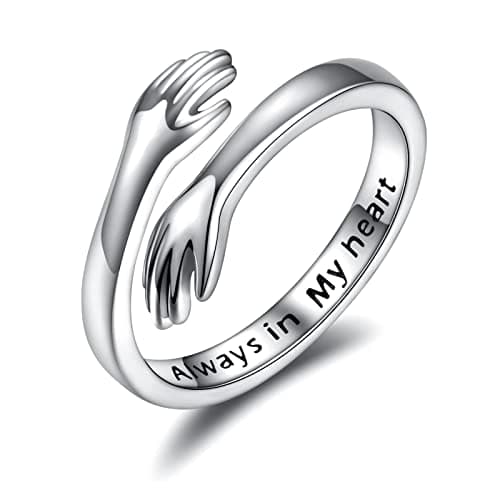 Image of 925 Sterling Silver Hug Rings for Women, I Love You Forever Love You Mother Gift Sister Gifts Engraved Words Hugging Hands Open Ring Friendship Jewelry Gift (Always in my heart)