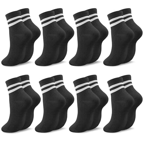 Image of Zuimei 8 Pairs Ladies Sports Socks, Breathable Cotton Women Crew Ankle Sock White Striped Mid-Calf Athletic Socks for Women Girls, Size 4.5-7