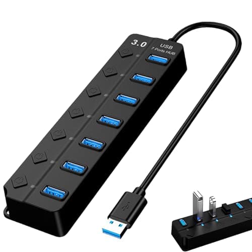 Image of 7-Port Powered USB Hub 3.0, USB Multiport Adapter with Individual Power Switches and LED Lights, High-Speed Data Extension Splitter for PC, Macbook, Laptop, Flash Drives, Mobile HDD
