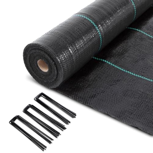 Image of VOUNOT Weed Control Membrane 1m x 50m, with 100 Securing Pegs, Heavy Duty Weed Control Barrier Fabric, Landscape Ground Cover Suppressant Membrane for Garden, UV Stabilised