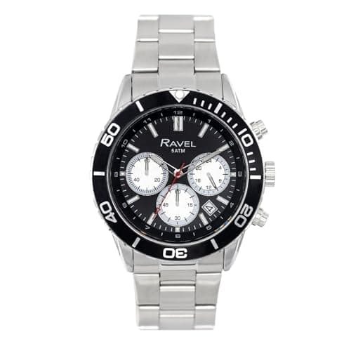 Image of Ravel Plus - Men's 42mm Silver Tone Chronograph Sports Watch with Uni-Directional Rotating Bezel - 5ATM - Japanese Analogue Quartz - RP.CHR-005MB - Stainless Steel/Black Bezel