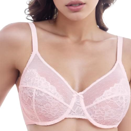 Image of Ayigedu Women's Plus Size Bra Full Coverage Underwired Minimiser Non Padded Floral Lace Bras 34D Pink