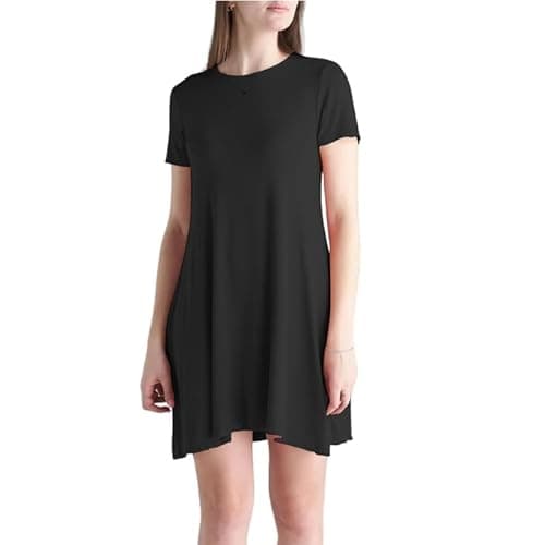 Image of BODYWEAR LTD - Women's Short Sleeves Skater Swing Top Flared Dress – Wardrobe Essential - Elegant and Comfortable Casual Dress & Beach Wear Dress for Any Occasion (Black, UK Size 10 - S/M)