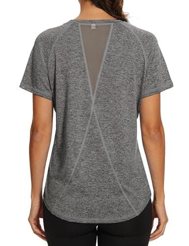 Image of Gyabnw Women's Sports T-Shirt Gym Tops Back Mesh Loose Fit Yoga Running Top Lightweight Moisture Wicking Crew Neck Short Sleeve for Ladies Dark Grey