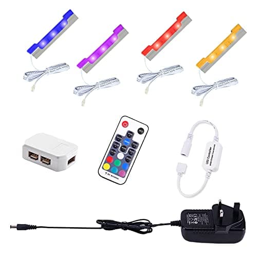 Image of AIBOO LED RGB Under Glass Shelf Cabinet Lighting Kit with RF Remote Control, Dimmable Long Clip on Glass Display Shelf Lights, Ultra Slim LED Strips Lights Display Cupboard (4 Pack)