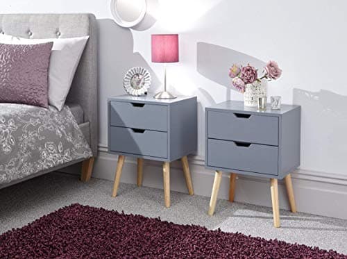 Image of GFW Pair Of Nyborg Scandinavian Style 2 Drawer Bedside Cabinet With Pine Wooden Legs, Dark Grey. 30D x 40W x 56H cm.