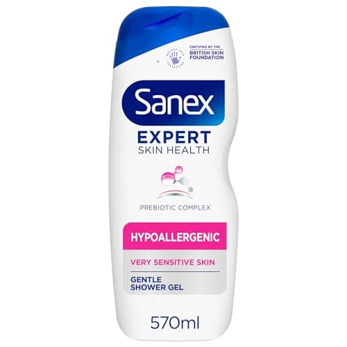 Image of Sanex Expert Skin Health Hypoallergenic Shower Gel l 570ml, for Very Sensitive Skin, Sensitive Shower Gel, 12 Hour Hydration, Prebiotic & Postbiotic Complex, Dermatologically Tested, 0% Sulphates**