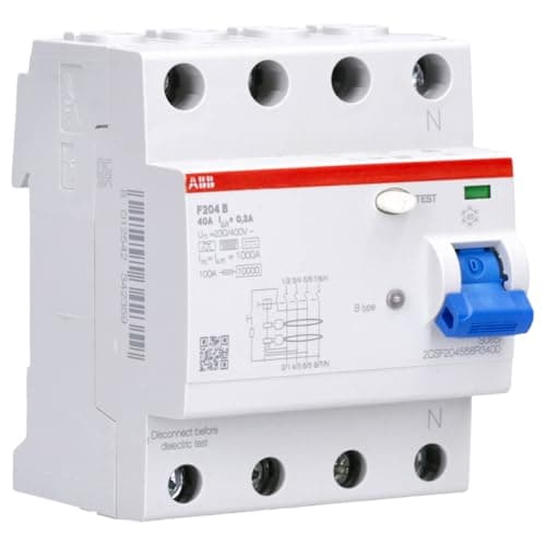 Image of ABB Protecta Plus F204 B-40/0.3 Residual Current Circuit Breaker • 4 Pole • 40A • Type B • 300mA • RCCB • DIN Rail • F200 Series • Earth Fault Protection • 2CSF204568R3400