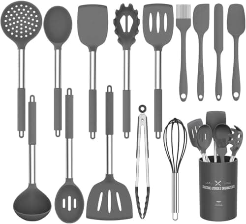 Image of Kitchen Utensil Set, 15pcs Silicone Cooking Kitchen Utensils Set, Cooking Tools Turner Tongs Spatula Spoon for Nonstick Heat Resistant Cookware - (Grey)