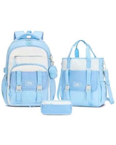 Image of Amythe School Bags for Teenage Girls 3Pcs Girl Backpack Set with Shoulder Bag Pencil Case Large Bookbag for Secondary School, Blue