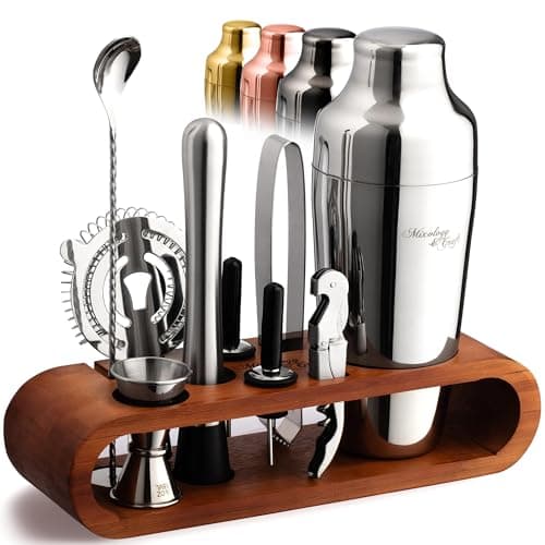Image of Mixology Cocktail Shaker Set - 10-Piece Cocktail Making Set - Home Bartender Kit in Mahogany Stand with Spoon, Boston Shaker, Other Tools for Drink Mixing, Martini, Mocktail - Gift Set (Silver)