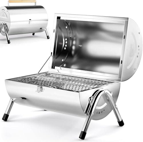Image of Garden Mile Large BBQ Charcoal Stainless Steel BBQ Grill Half Barrel Open Drum Portable - barbecue Charcoal Grill with Wooden Handle for Home Bar Garden Party