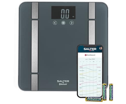 Image of Salter SA00432GFEU6 Bathroom Smart Scale – Bluetooth Digital Scale, 200kg, Measure Weight, Body Fat/Water, Muscle/Bone Mass, BMI/BMR, 8 User Memory, Connect to Phone with Free Salter Health App, Grey