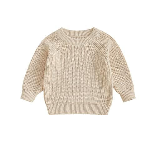 Image of Geagodelia Newborn Baby Oversized Knitted Jumper Kids Toddler Boys Girls Raglan Sleeves Plain Knit Sweater Pullover Winter Knitwear Clothes (Beige, 12-18 Months)