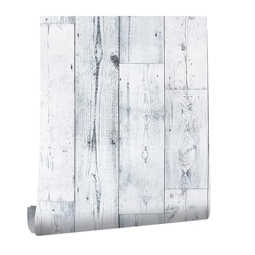 Image of Peel and Stick Wood Effect Wallpaper, 44.5 x 500 cm Ship-lap White Blue Light Grey Distressed Wood Plank Effect Wallpaper Wooden Slat Self Adhesive Furniture Wrap for Living Room,Bathroom,Cabinets
