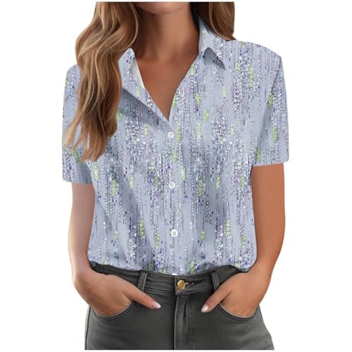 Image of Shirts for Women UK Vintage Floral Print Shirts Causal Turn-Down Collar Short Sleeve Blouse Button Down T-Shirt Loose Fit Comforty Shirt Office Classic Blouses Ladies Tops S-5XL Light Blue