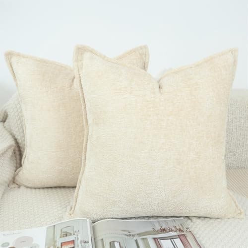 Image of OYIMUA Cushion Covers 40cm x 40cm Set of 2 Chenille Premium Textured Throw Pillow Cases Soft Square Cushion Cover Beige 16 x 16 inches Decorative Sofa Pillows Covers for Living Room Bedroom