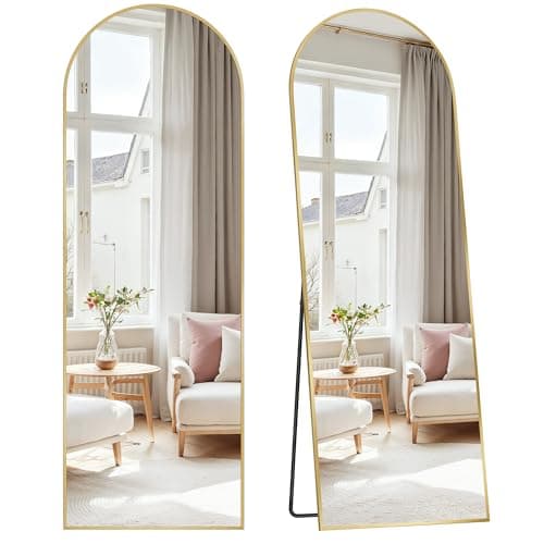 Image of SONGMICS Full Length Mirror, 160 x 50 cm, Arched Full Body Mirror with Stand, Aluminium Alloy Frame, Tempered Glass, for Bedroom, Living Room, Cloakroom, Pale Gold LFM031A01